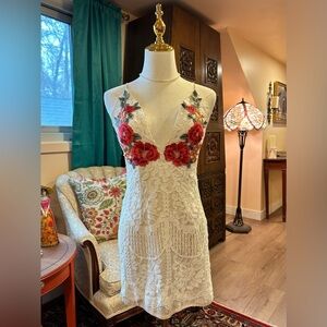 White Lace Dress with Red Floral Embroidery